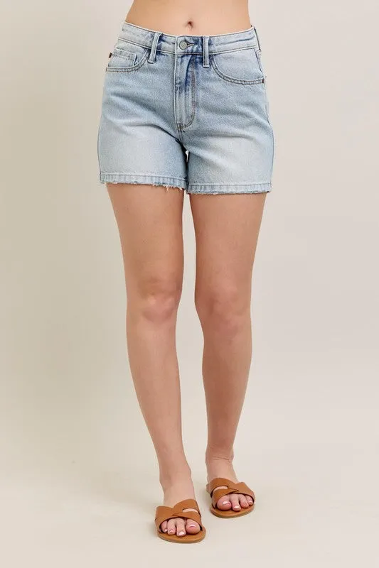 Judy Blue Full Size Frayed Hem High Rise Denim Shorts with Pockets Plus Size Available