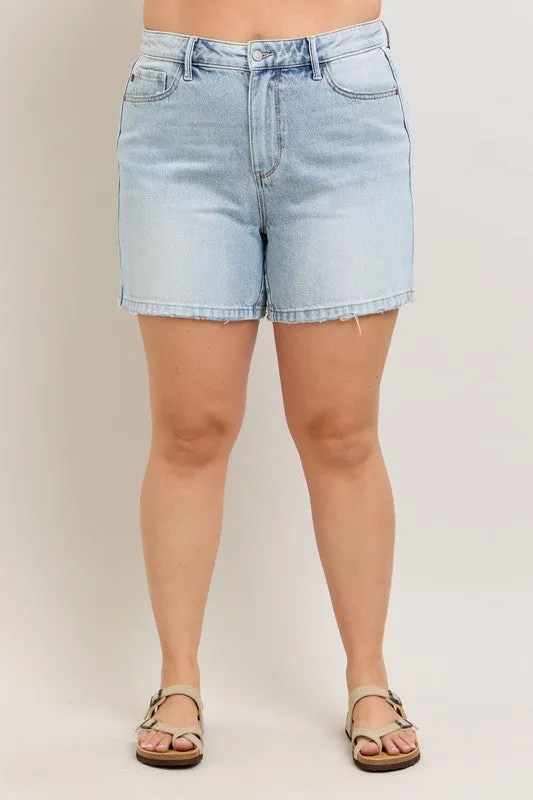Judy Blue Full Size Frayed Hem High Rise Denim Shorts with Pockets Plus Size Available