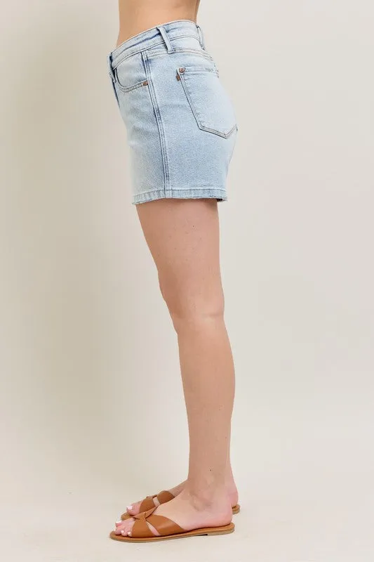 Judy Blue Full Size Frayed Hem High Rise Denim Shorts with Pockets Plus Size Available