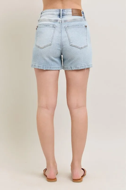 Judy Blue Full Size Frayed Hem High Rise Denim Shorts with Pockets Plus Size Available