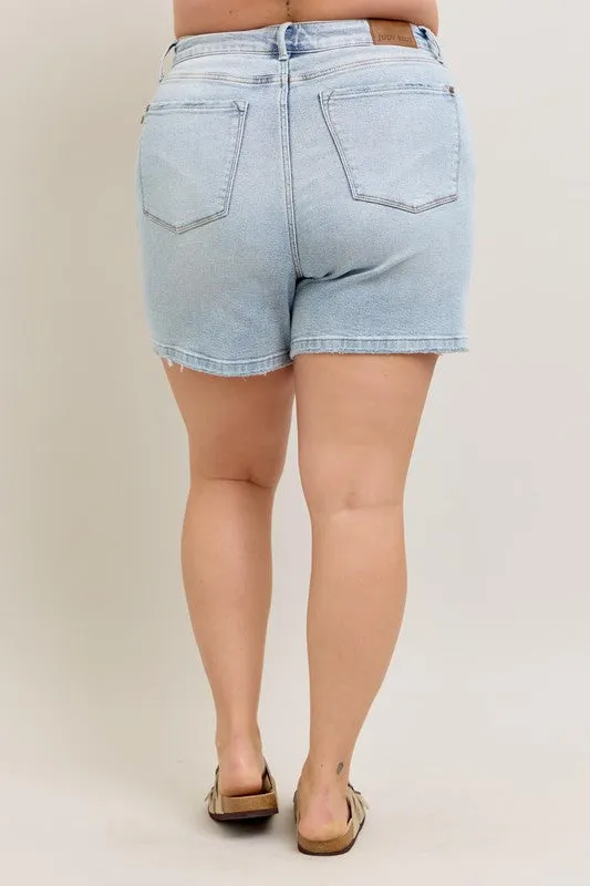 Judy Blue Full Size Frayed Hem High Rise Denim Shorts with Pockets Plus Size Available
