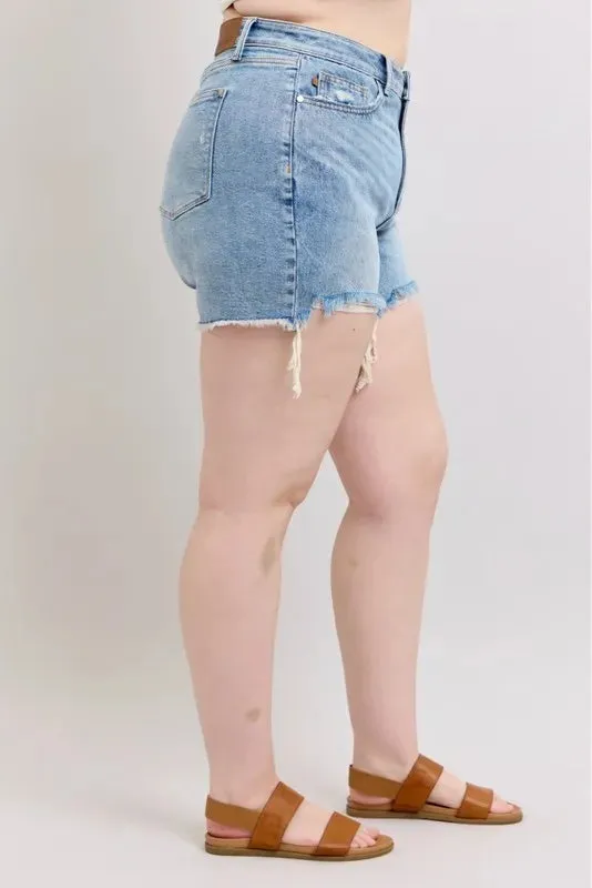 Judy Blue Plus Size HW Rigid Magic Destroy Cut Off Denim Shorts
