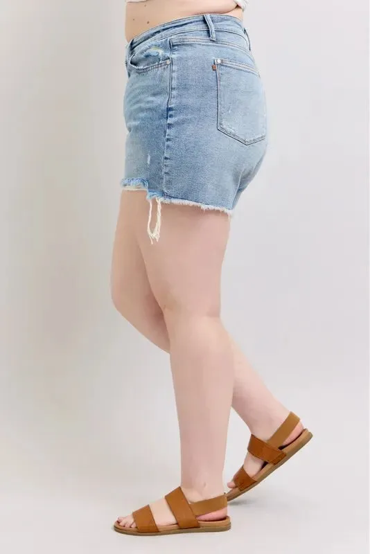 Judy Blue Plus Size HW Rigid Magic Destroy Cut Off Denim Shorts