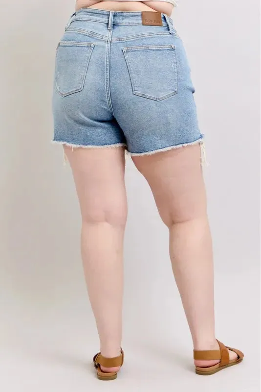 Judy Blue Plus Size HW Rigid Magic Destroy Cut Off Denim Shorts