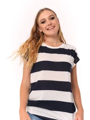 Ladies Bold Stripe Relaxed Fit Top - White/Navy
