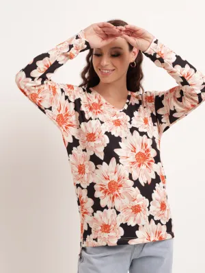 Ladies Long Sleeve Side Slit Relaxed Vee Neck Tee - Floral