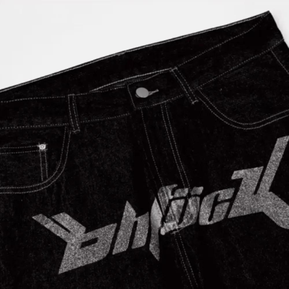 Letter Print Dollar Black Baggy Jeans
