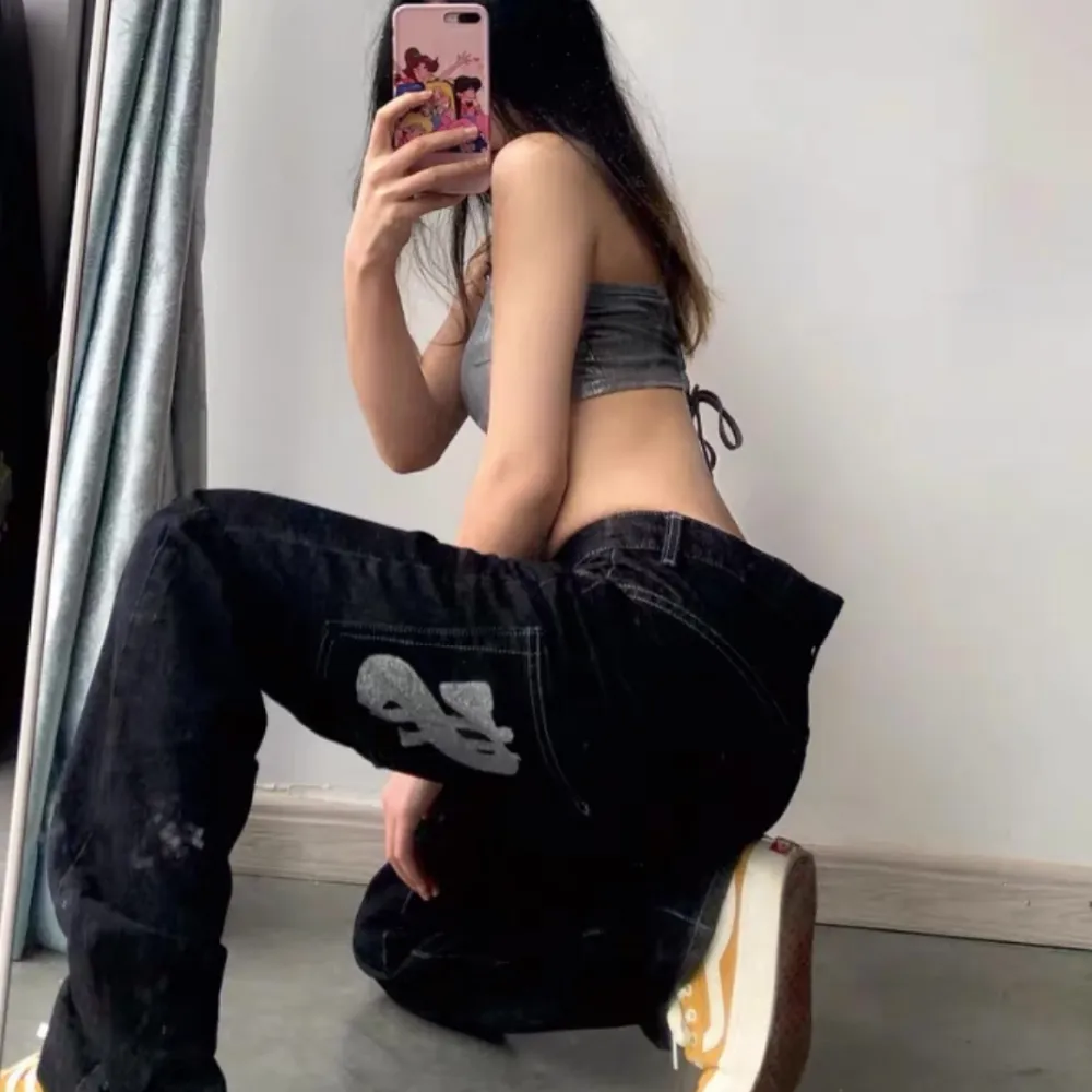 Letter Print Dollar Black Baggy Jeans