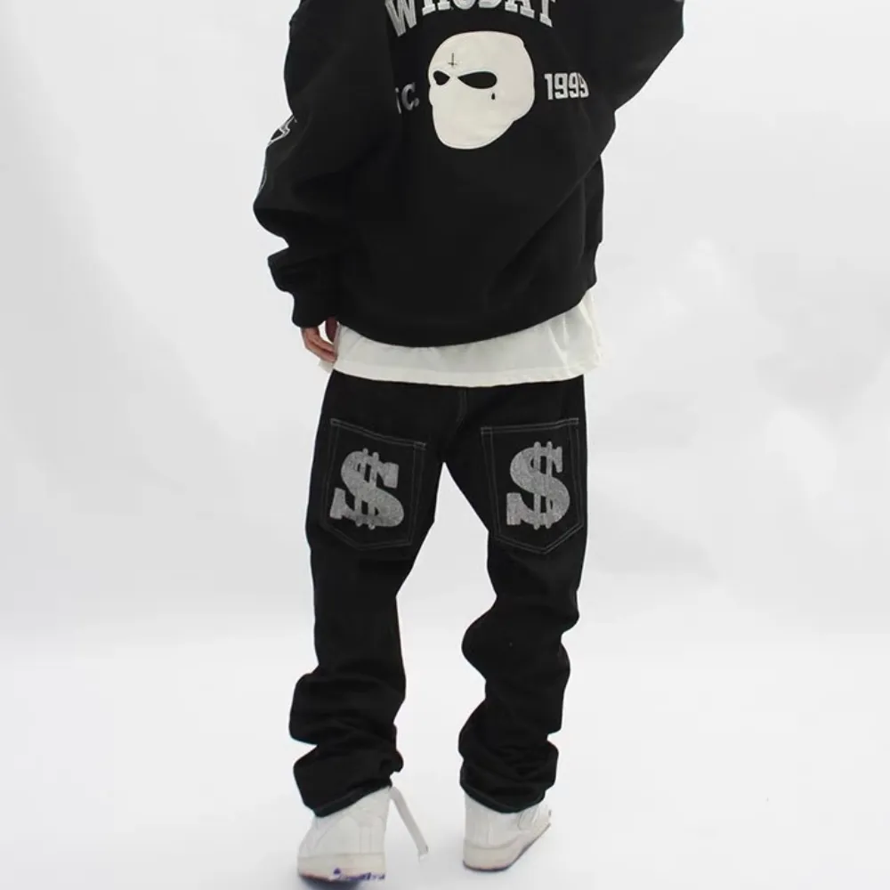 Letter Print Dollar Black Baggy Jeans