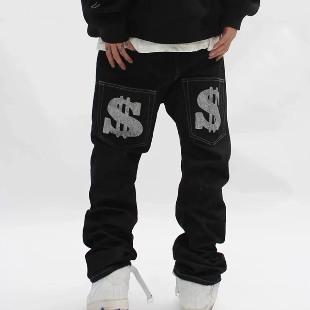 Letter Print Dollar Black Baggy Jeans