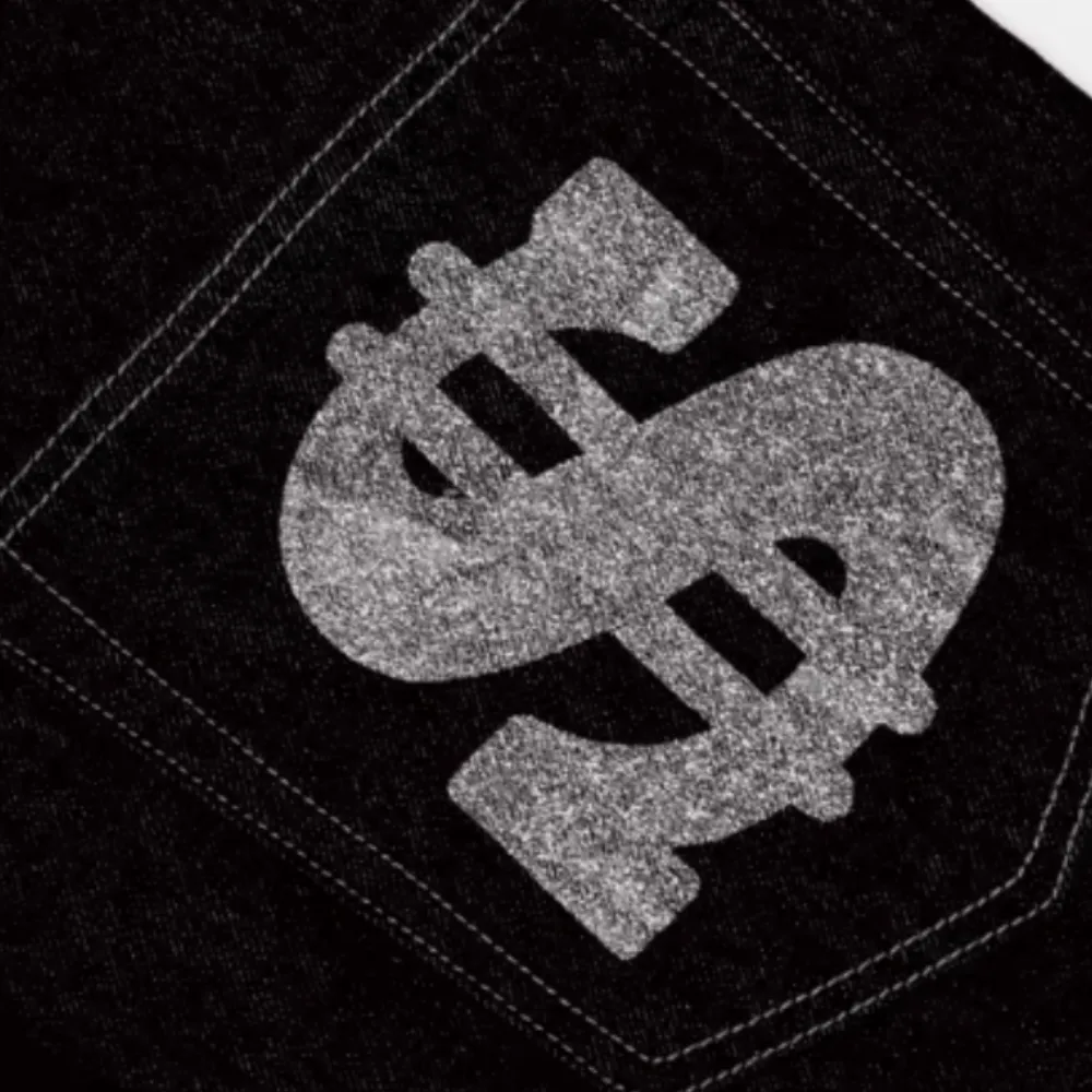 Letter Print Dollar Black Baggy Jeans