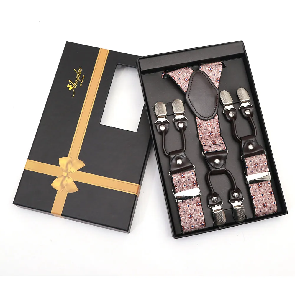 Light Tan Floral Dual Clip On Elastic suspenders for Men - Adjustable Y Straps For Work Pants