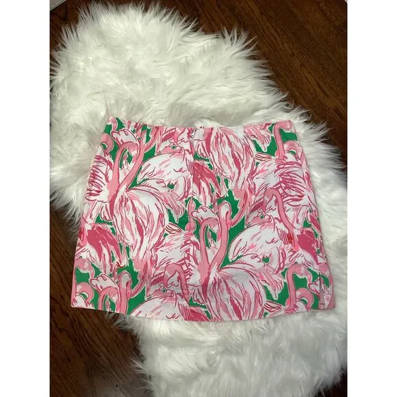 Lilly Pulitzer Marigold Pink Flamingo Print White Lace Mini SKORT Skirt 4 S