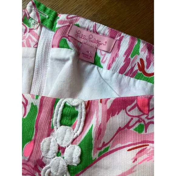 Lilly Pulitzer Marigold Pink Flamingo Print White Lace Mini SKORT Skirt 4 S