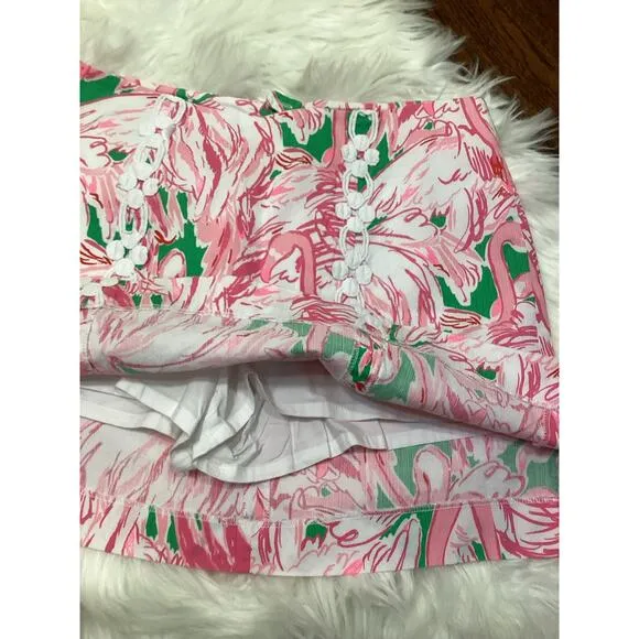 Lilly Pulitzer Marigold Pink Flamingo Print White Lace Mini SKORT Skirt 4 S