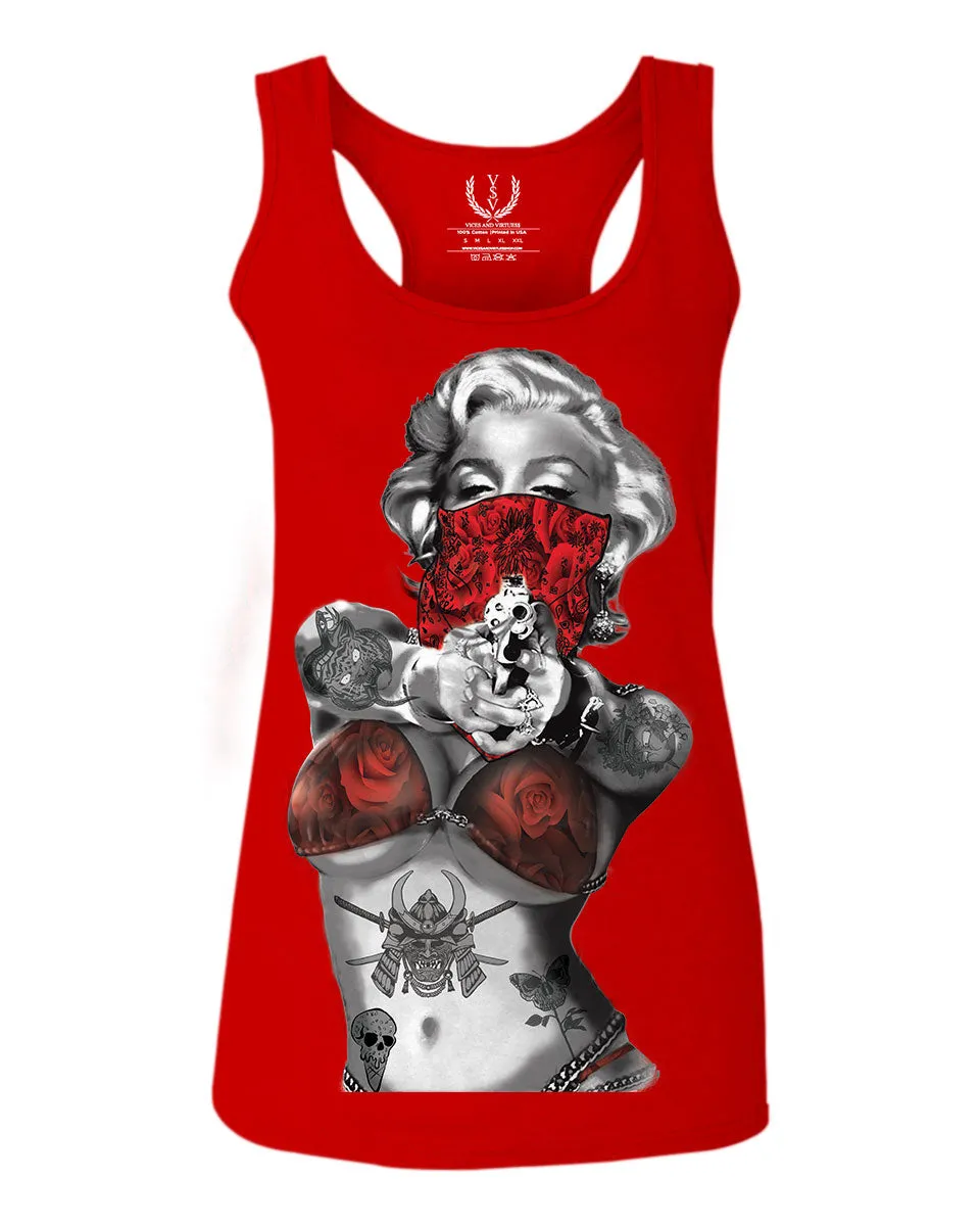 Marilyn Monroe Gangster Cool Graphic Hipster Red Roses Summer  women's Tank Top sleeveless Racerback