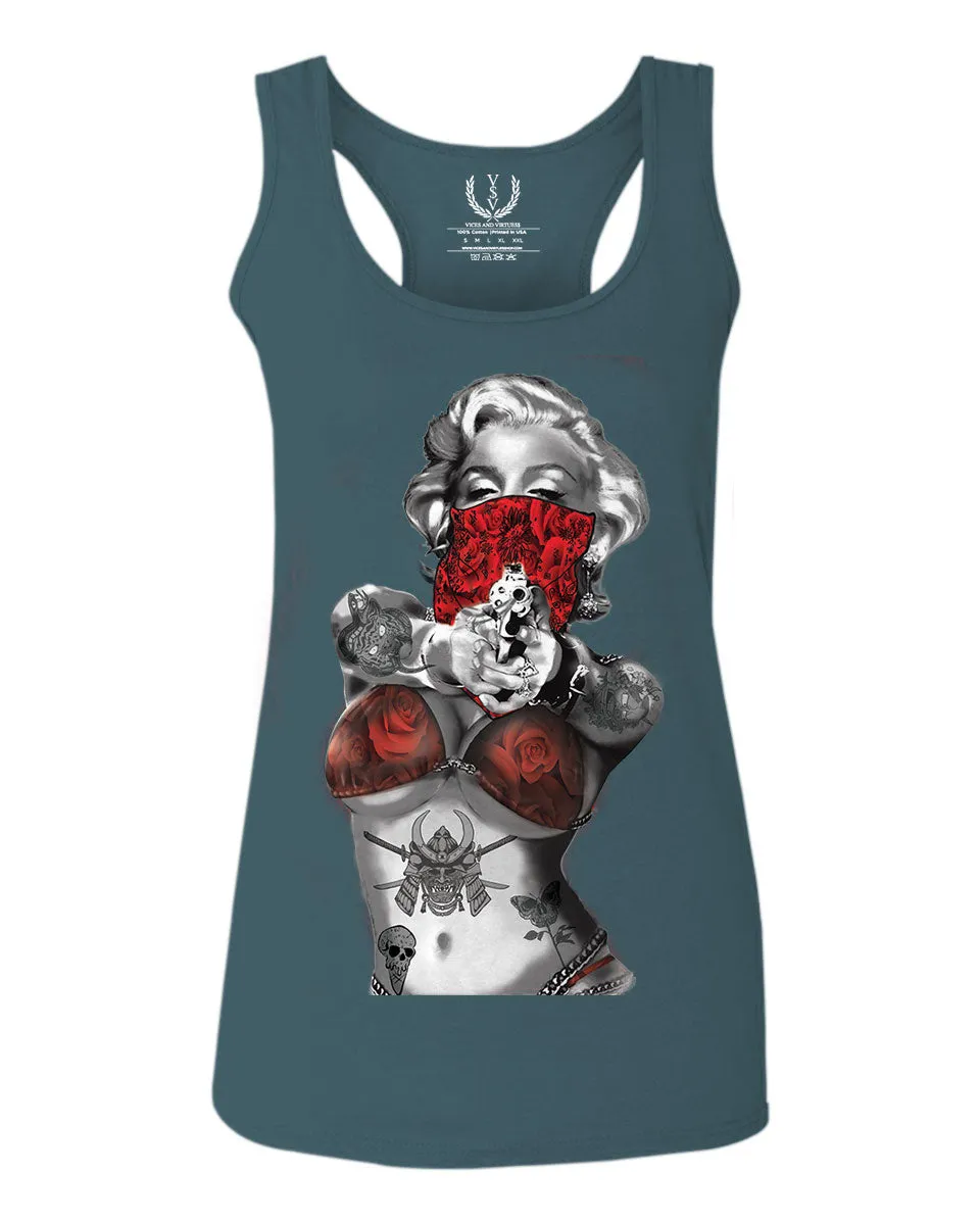 Marilyn Monroe Gangster Cool Graphic Hipster Red Roses Summer  women's Tank Top sleeveless Racerback