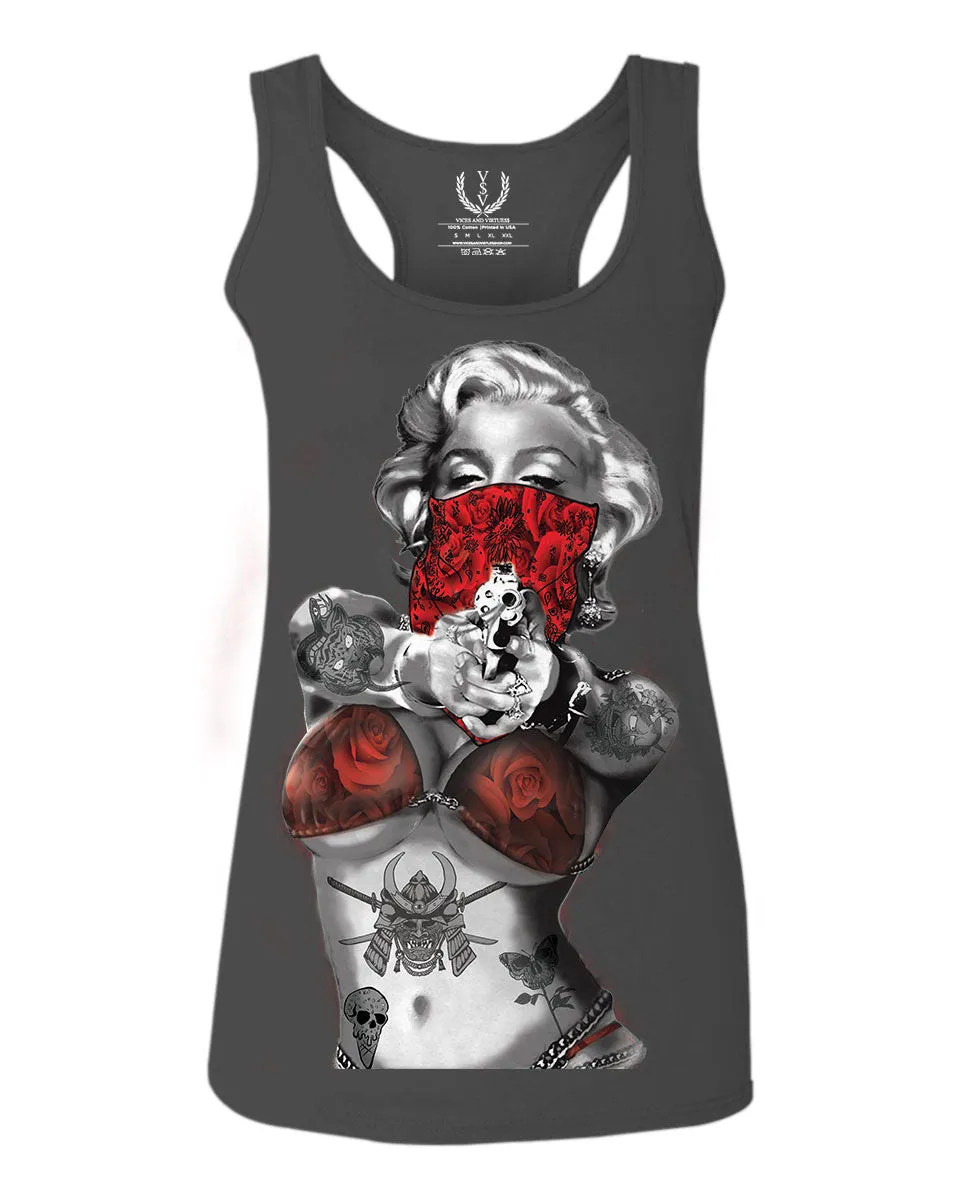 Marilyn Monroe Gangster Cool Graphic Hipster Red Roses Summer  women's Tank Top sleeveless Racerback
