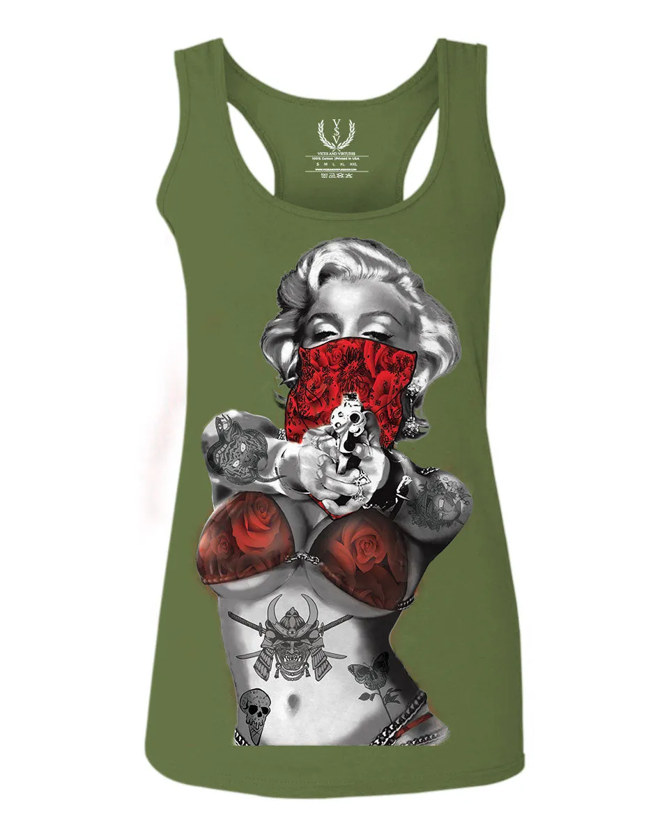 Marilyn Monroe Gangster Cool Graphic Hipster Red Roses Summer  women's Tank Top sleeveless Racerback
