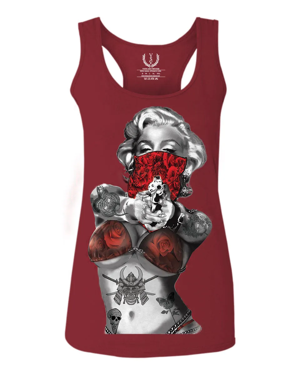 Marilyn Monroe Gangster Cool Graphic Hipster Red Roses Summer  women's Tank Top sleeveless Racerback