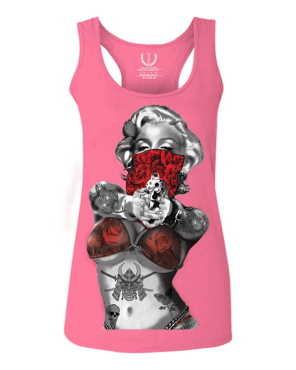 Marilyn Monroe Gangster Cool Graphic Hipster Red Roses Summer  women's Tank Top sleeveless Racerback