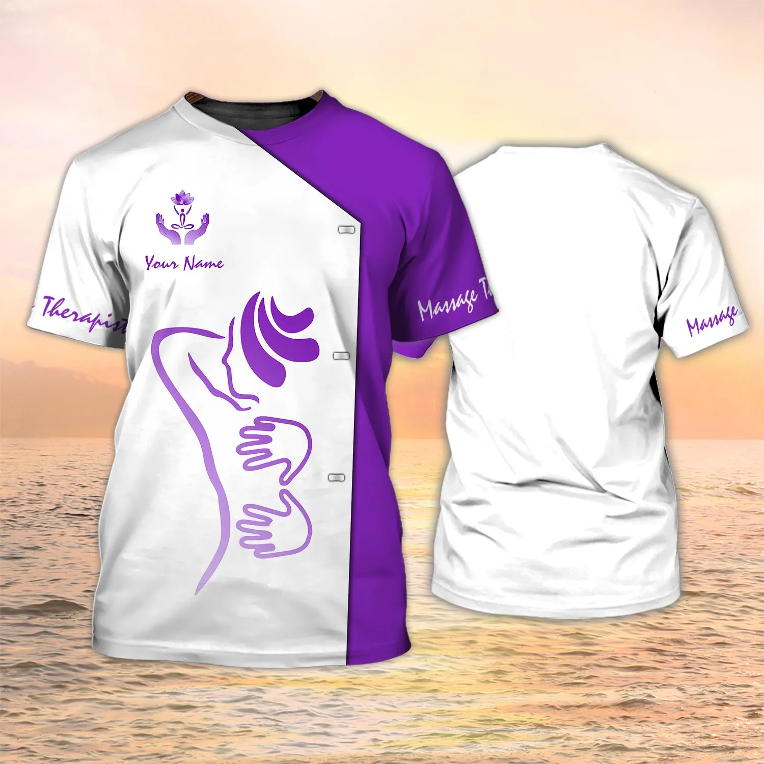Massage Therapist Custom T Shirts Massage Therapist Uniform White & Purple [Non workwear]