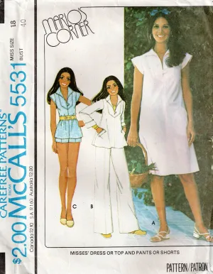 McCall's 5531 MARLO's CORNER Womens Pullover Dress Top Shorts & Pants 1970s Vintage Sewing Pattern Size 18 Bust 40 Inches