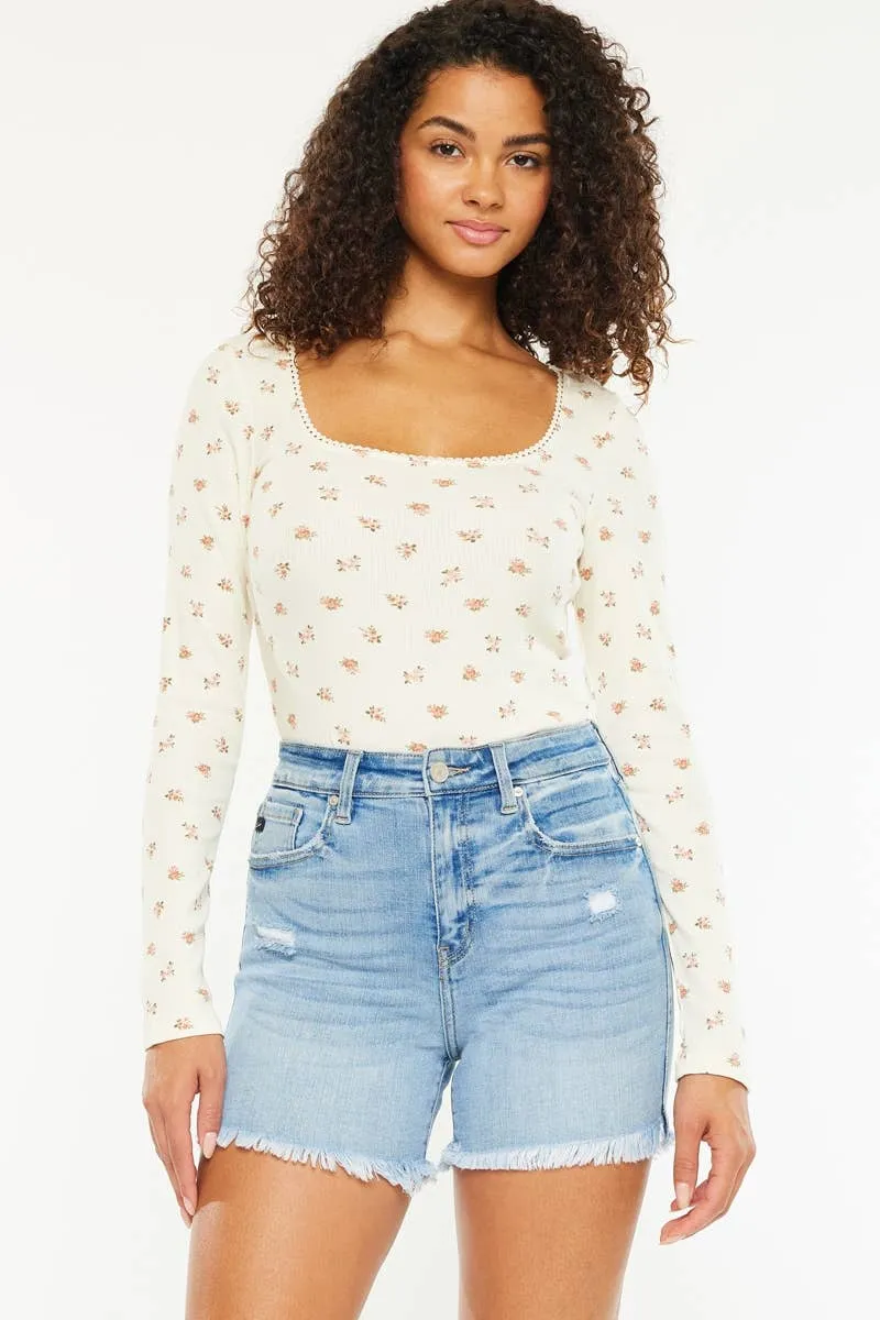 Medium Wash High Rise Side Slit Kancan Shorts
