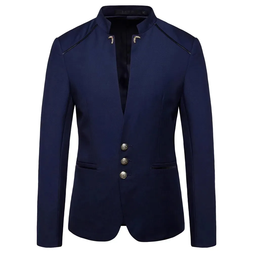 Men Blazer Coat 2023 Spring New Fashion Button Decorative Chinese Style Slim Fit Stand Collar Solid Color Suit Jacket
