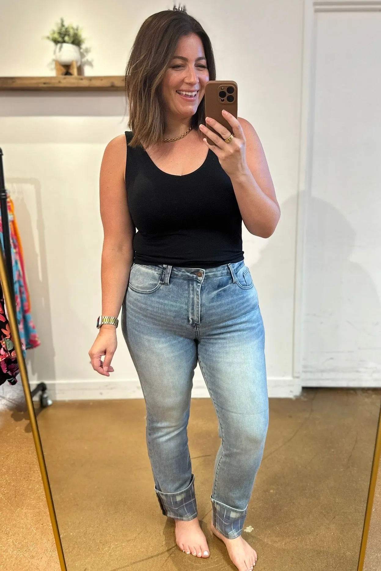 Miranda High Rise Plaid Cuff Vintage Straight Jeans by Judy Blue