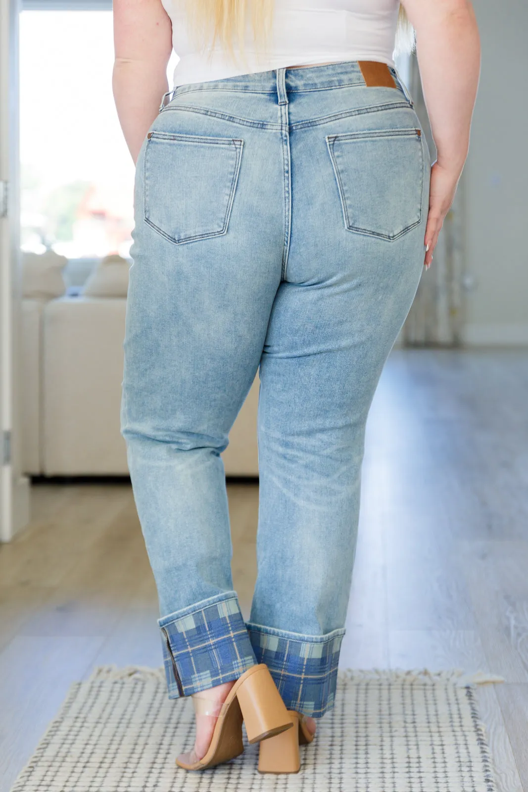 Miranda High Rise Plaid Cuff Vintage Straight Jeans by Judy Blue