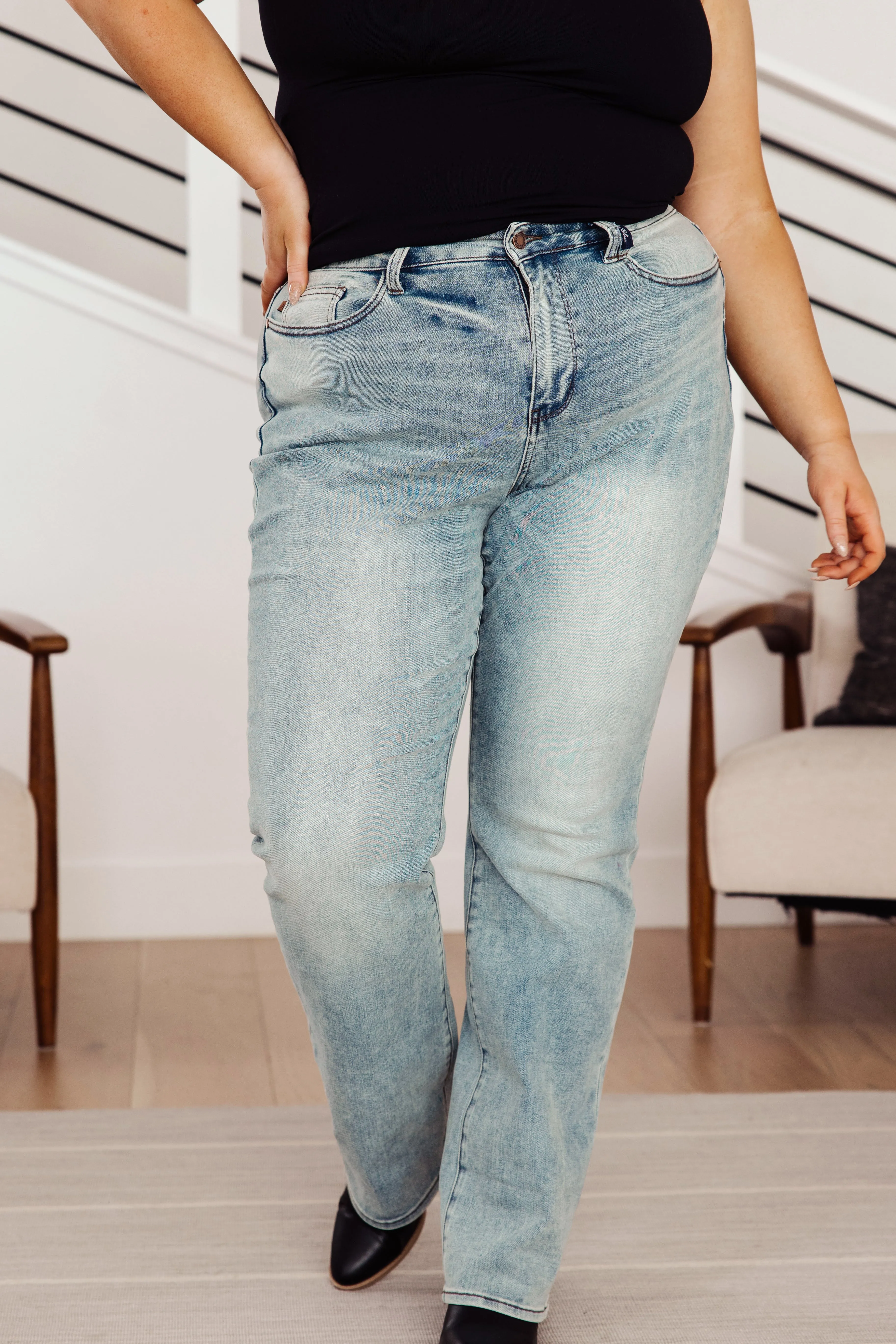 Miranda High Rise Plaid Cuff Vintage Straight Jeans by Judy Blue