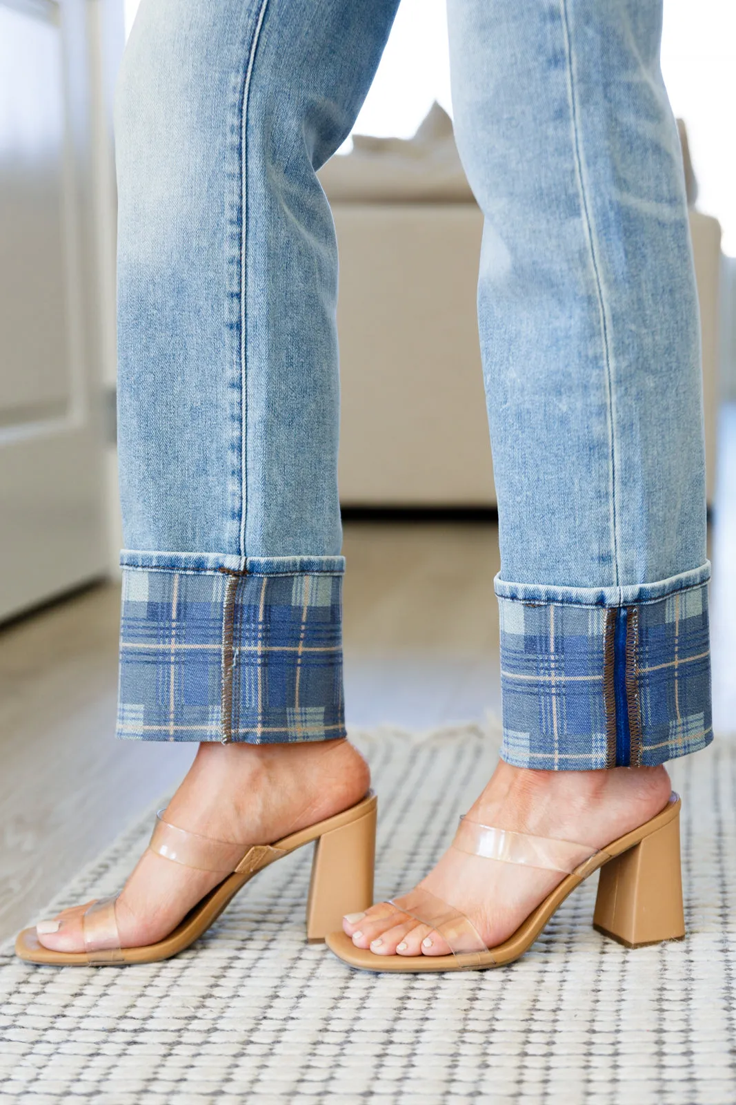 Miranda High Rise Plaid Cuff Vintage Straight Jeans by Judy Blue