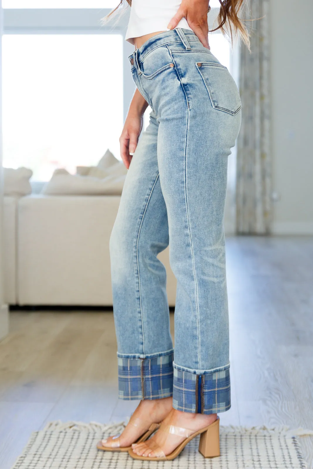Miranda High Rise Plaid Cuff Vintage Straight Jeans by Judy Blue