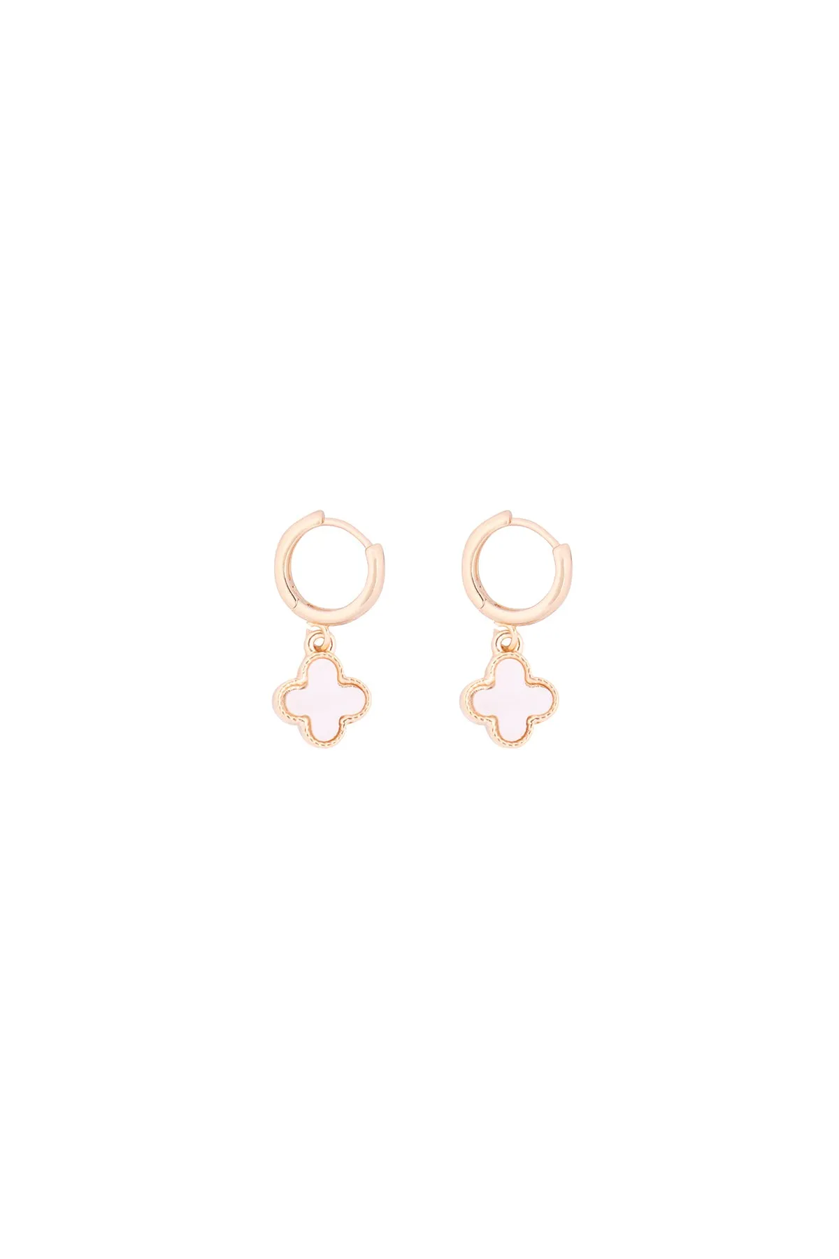 MOP HUGGIE HOOP CLOVER DROP EARRINGS