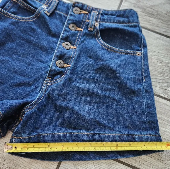 MOUSSY High Waist Denim Shorts Womens Sz 0 Dark Wash Button Fly Exposed  3&quot; NEW