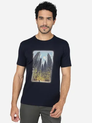 Navy Blue Printed Slim Fit T-Shirt | JadeBlue