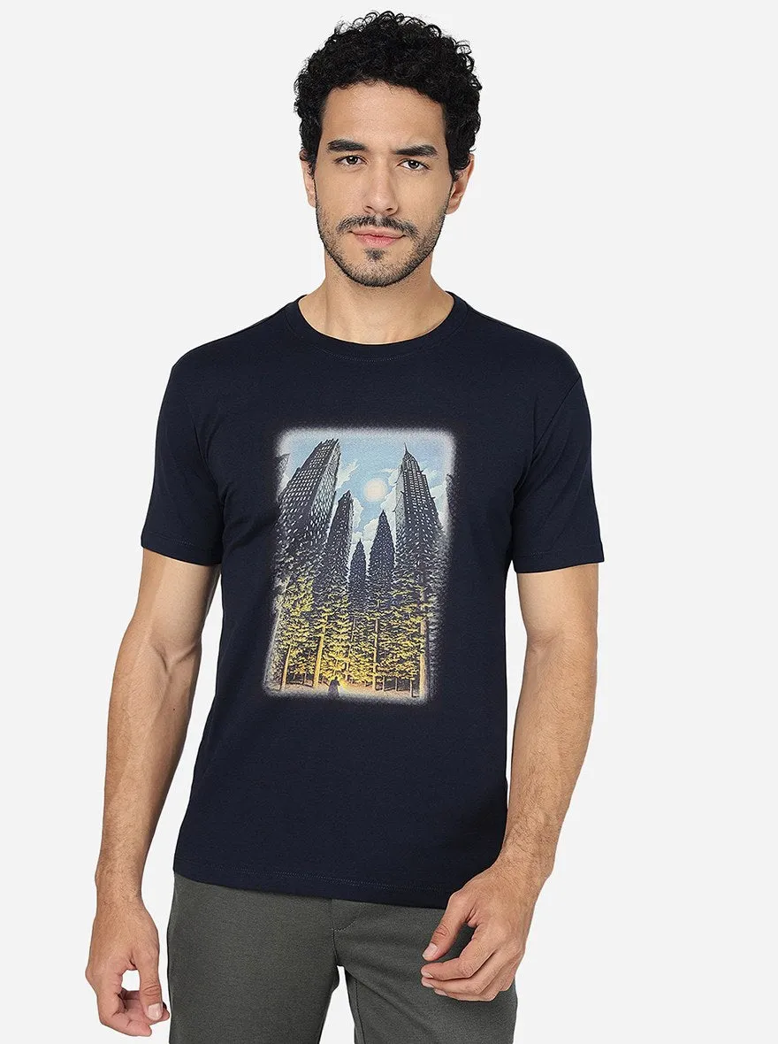Navy Blue Printed Slim Fit T-Shirt | JadeBlue