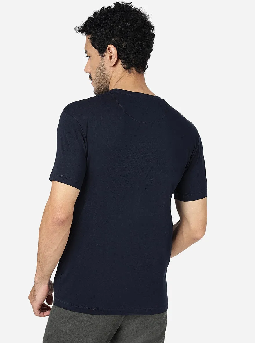 Navy Blue Printed Slim Fit T-Shirt | JadeBlue