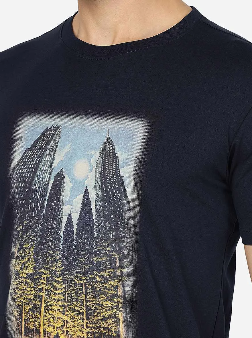 Navy Blue Printed Slim Fit T-Shirt | JadeBlue