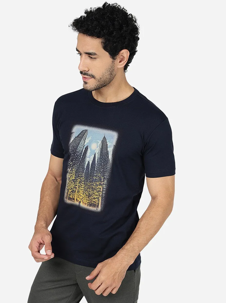 Navy Blue Printed Slim Fit T-Shirt | JadeBlue