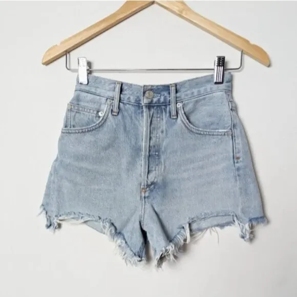 NEW AGOLDE Dee Shorts Digit Light Wash Blue Denim Jean Distressed 23 Aritzia