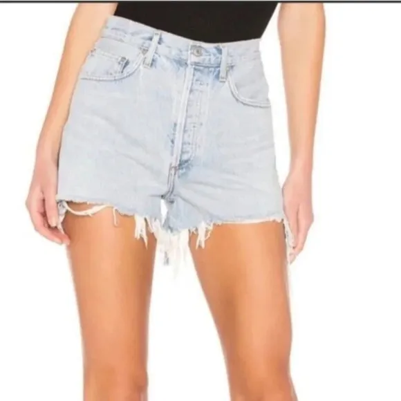 NEW AGOLDE Dee Shorts Digit Light Wash Blue Denim Jean Distressed 23 Aritzia