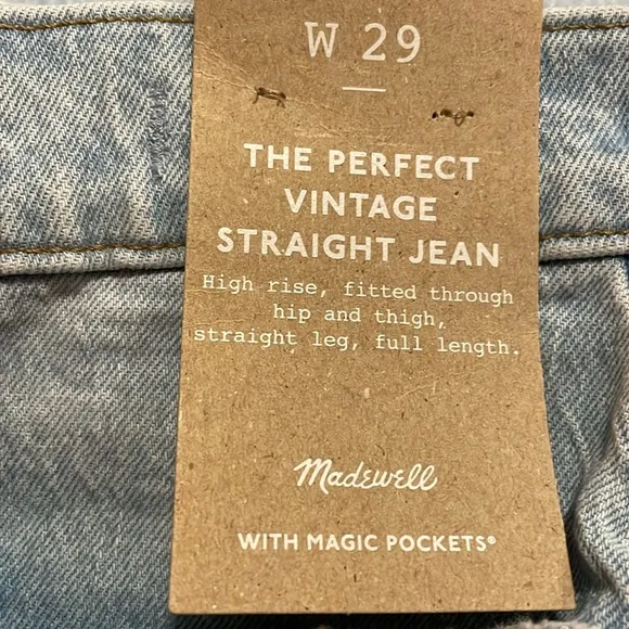 NWT | Madewell The Perfect Vintage Straight Distressed Denim Westanna Wash Sz 29