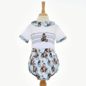 Ocean Baby Boys Smocked Cycling Vintage Teddy Bear Buster Suit Set (NB-2Yrs)