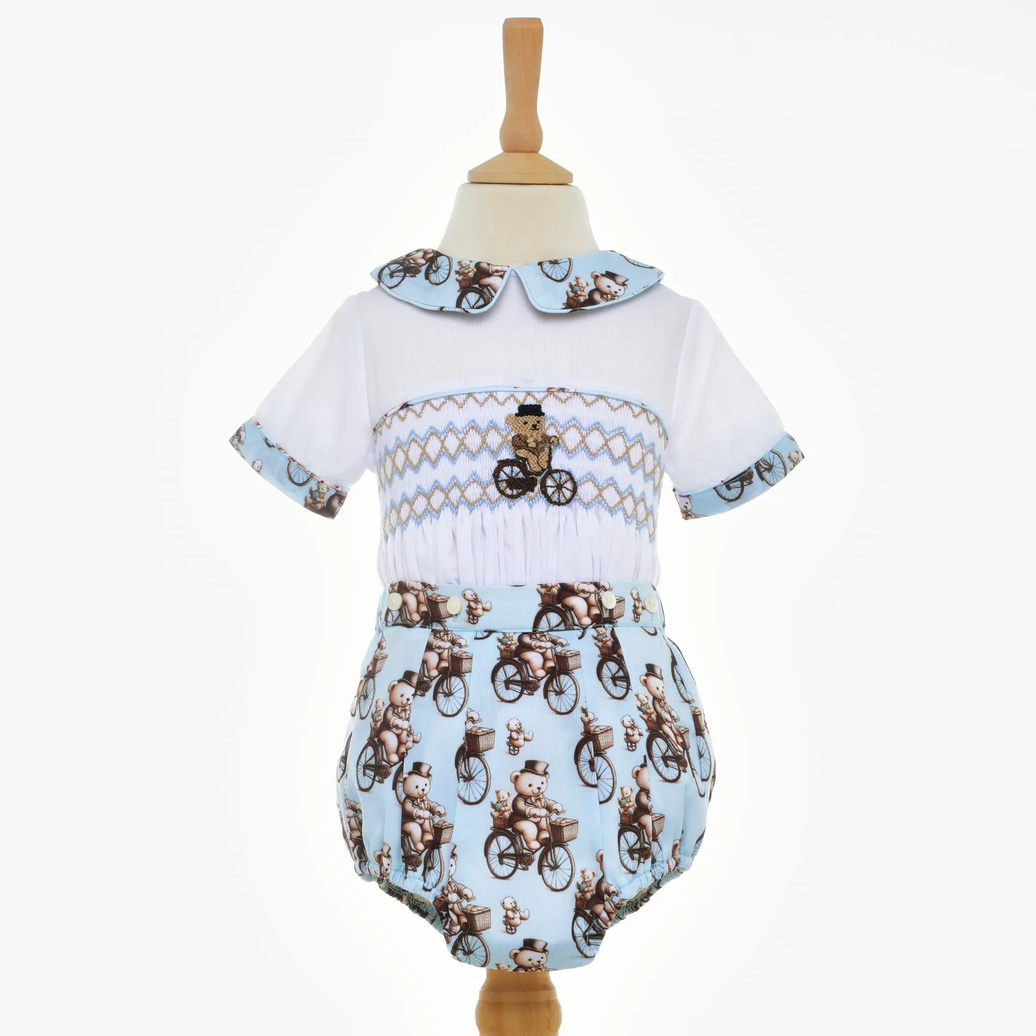 Ocean Baby Boys Smocked Cycling Vintage Teddy Bear Buster Suit Set (NB-2Yrs)