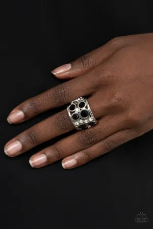 Paparazzi " High Roller Royale " Silver Metal Black & Clear Rhinestone Elastic Back Ring
