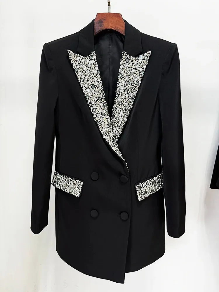 Premium Women Fashion Jacket Slim Fitting Luxury Rhinestone Diamonds Beaded Long Blazer