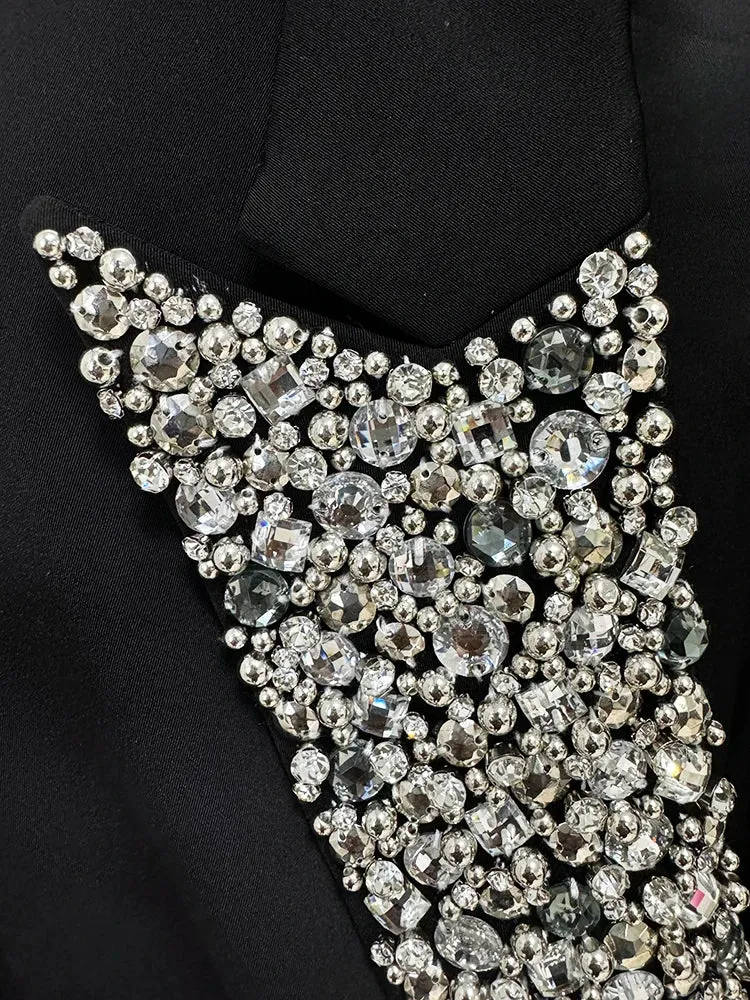 Premium Women Fashion Jacket Slim Fitting Luxury Rhinestone Diamonds Beaded Long Blazer