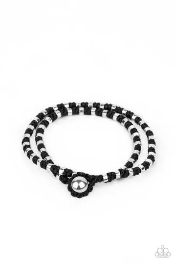 " Ripcord " Silver Metal & Black Cording Hook & Loop Closure Bracelet